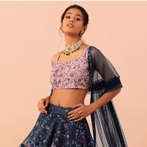 Navy Blue Floral Print Lehenga With Embroidered Blouse And Dupatta